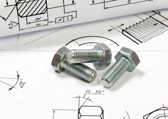 Assorted bolts on engineering drawings